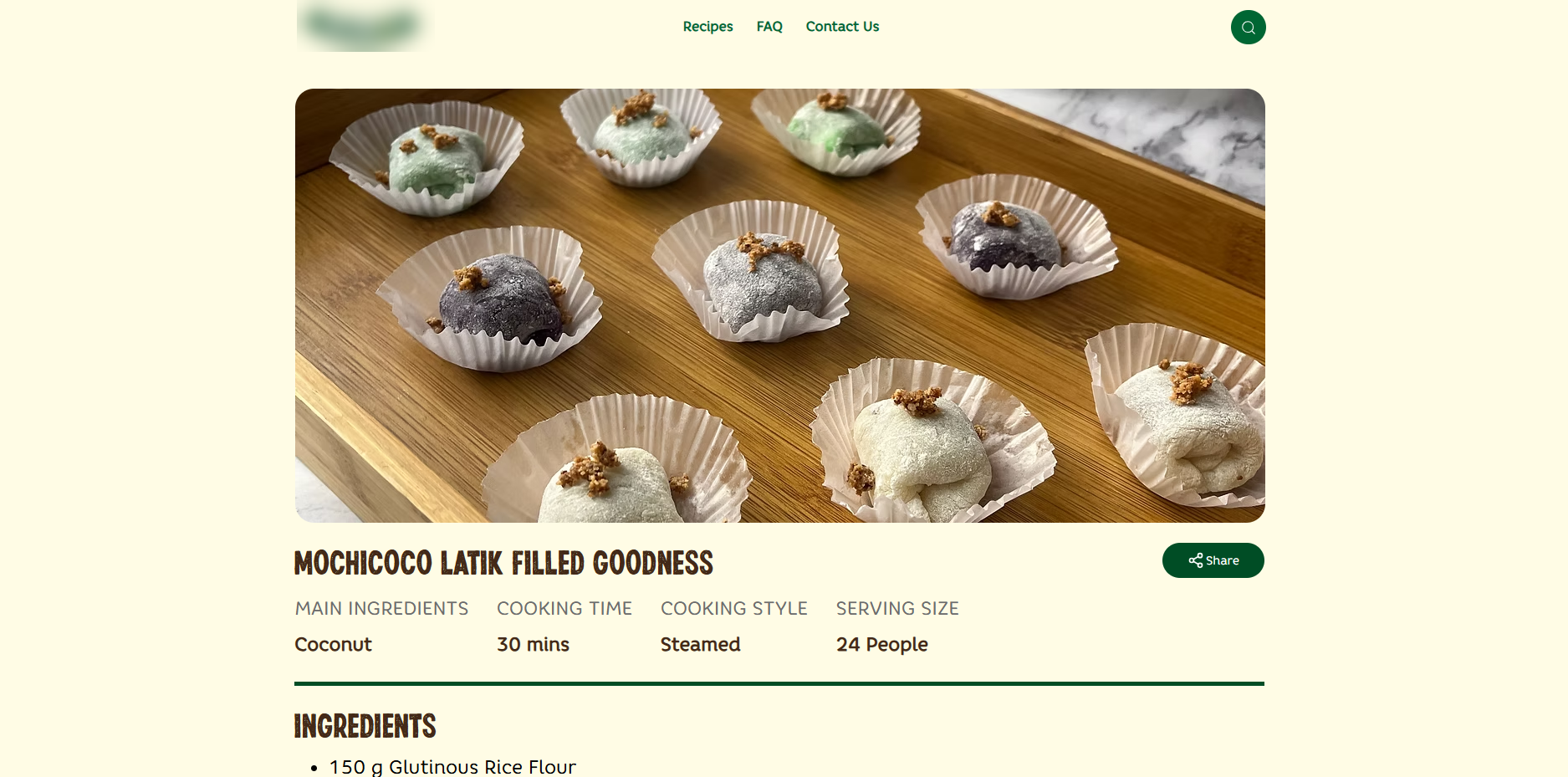 A recipe page showing main ingredient, cooking time, style and serving size